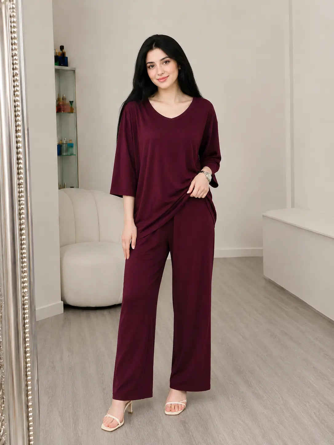 Maroon Plain Palazo Night Suit