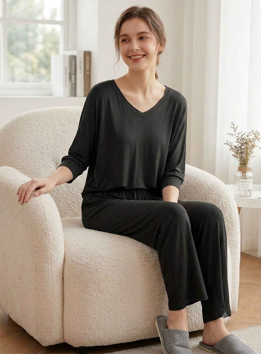 Black Plain Palazo Night Suit