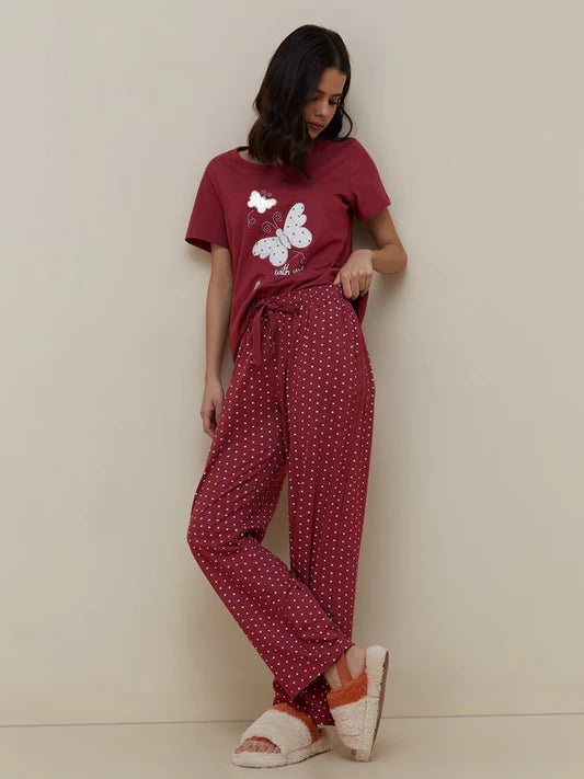 Maroon Butterfly Printed Night Suit