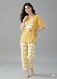 Yellow cute Heart Printed Night Suit