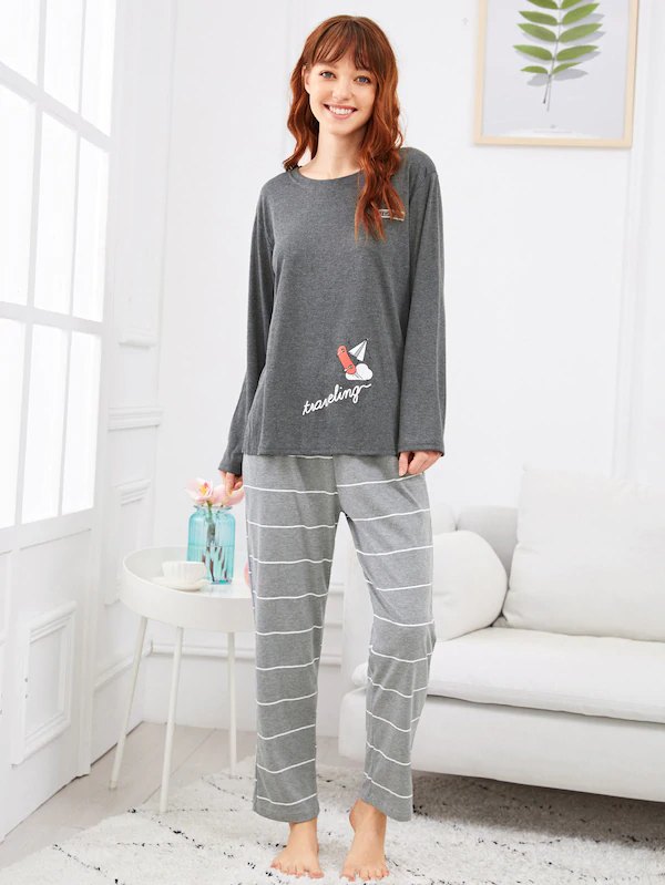 Travelling Grey Printed Night Suit
