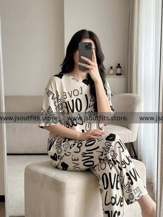 Biege Love Printed Night Suit
