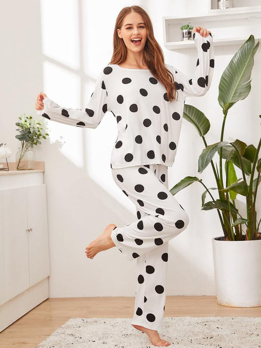 White Polka Dot Printed Night Suit
