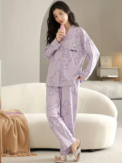 Lilac Love Bunny Printed V-Neck Button Printed Night Suit