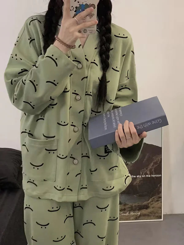 Green Autumn Smiley V-Neck Button Printed Night Suit