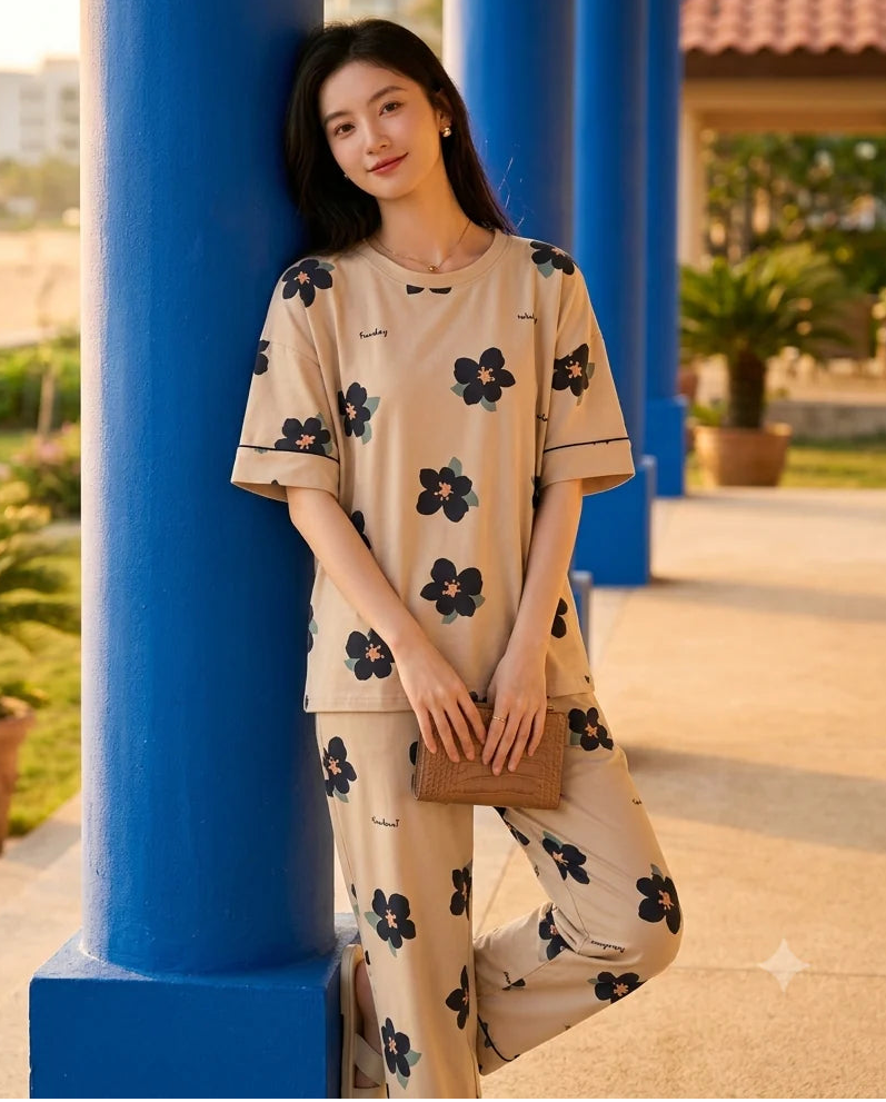 Big Flowers Printed Night Suit