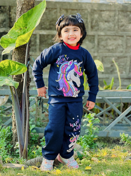 Navy Blue Happy Family Printed Fleece Winter Suit For Kids