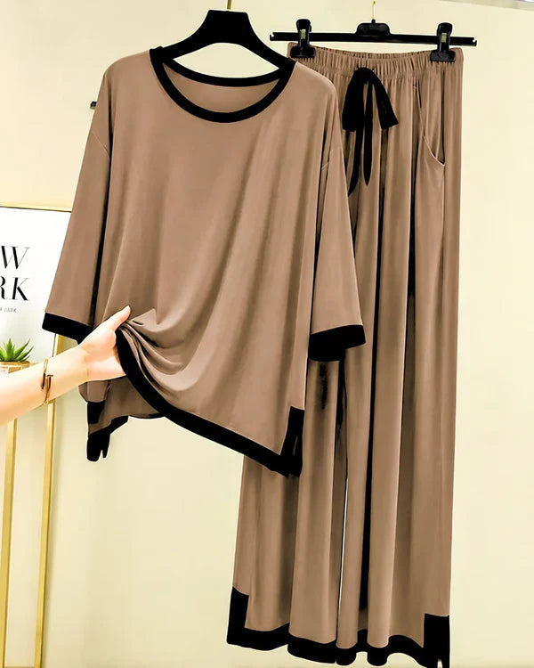 Coffee Brown Black Round Neck Plazo Night Suit