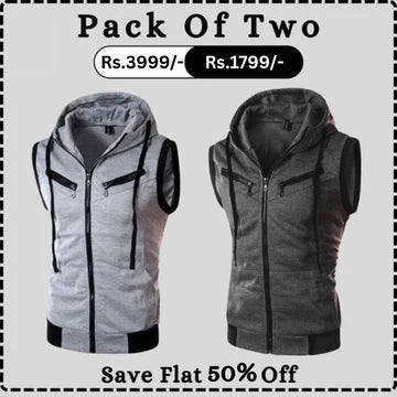Grey With Charcoal Sleeveless Hooded Zipper Pack Of Tw