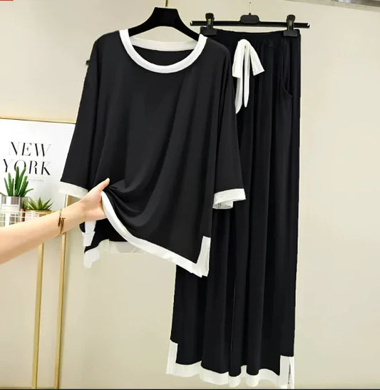 Black White Round Neck Plazo Night Suit