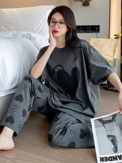Grey Double Heart Half Sleeve Printed Night Suit