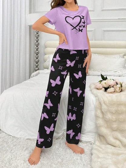 Purple Heart & Butterfly Printed Night Suit