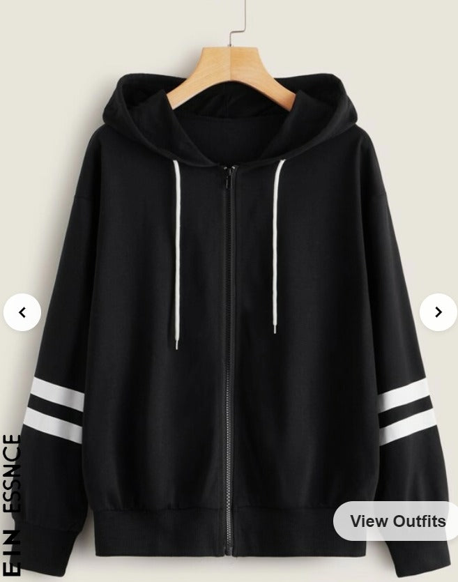 Black New Double Stripe Printed Trendy Zipper Hoodies