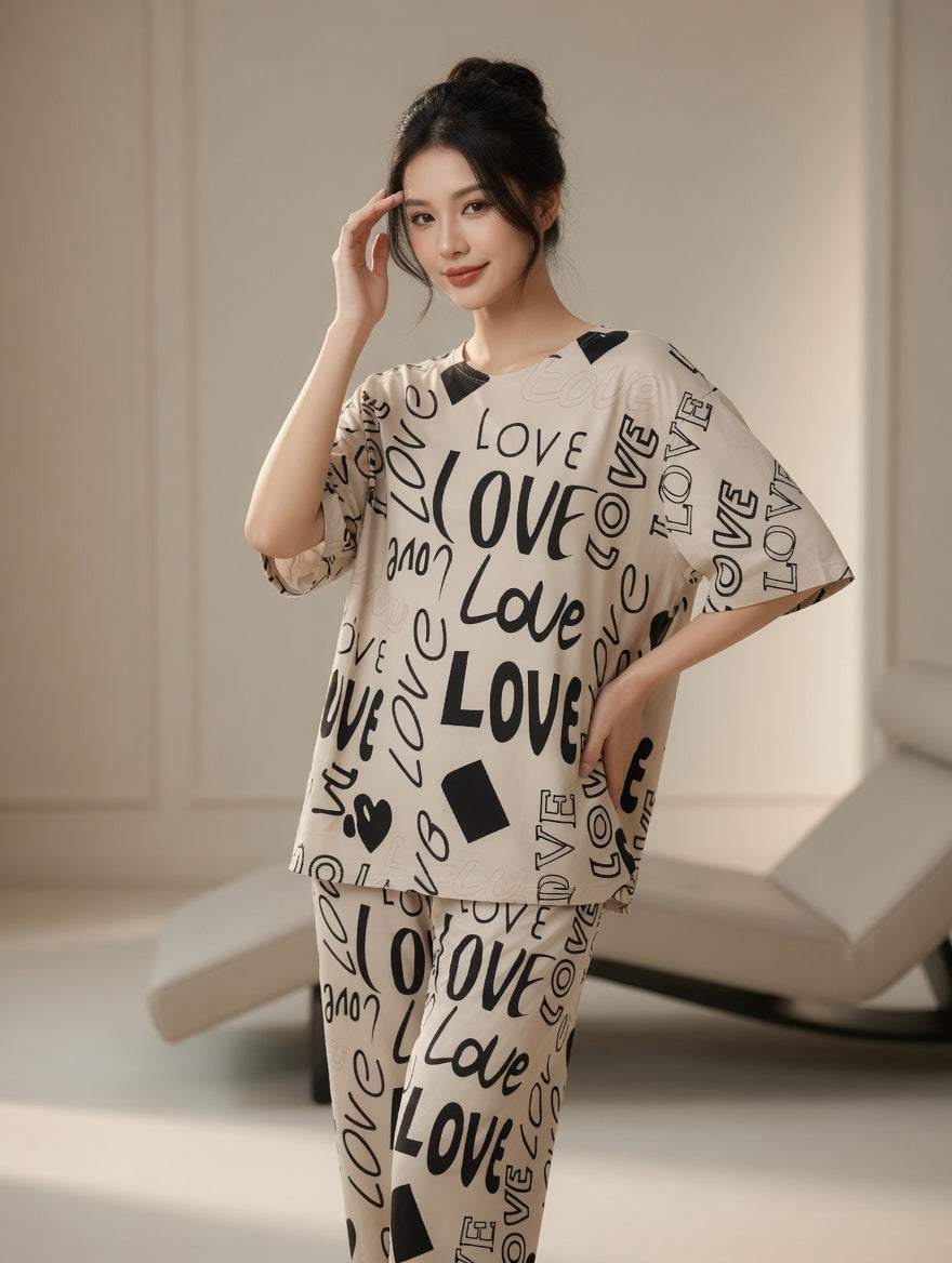 Biege Love Printed  Night Suit