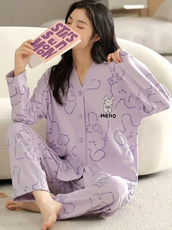 Lilac Love Bunny Printed V-Neck Button Printed Night Suit