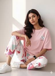 Pink Flower Printed Night Suit