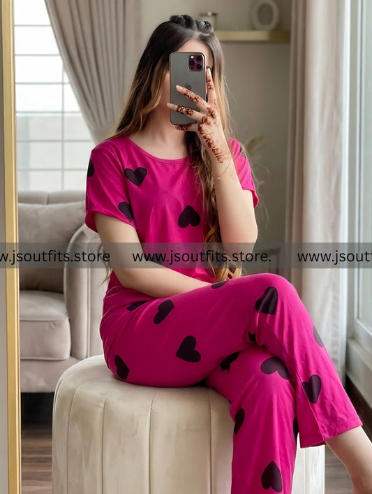 Black Multi Hearts Pink Printed  Night Suit