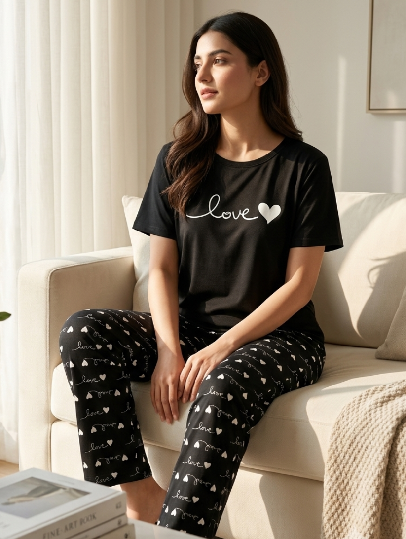 Black Love heart Printed Night Suit