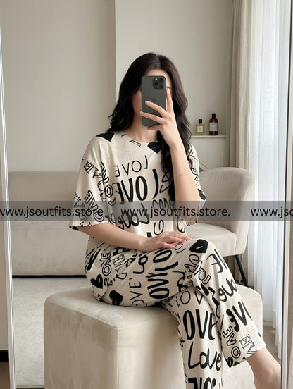 Biege Love Printed  Night Suit