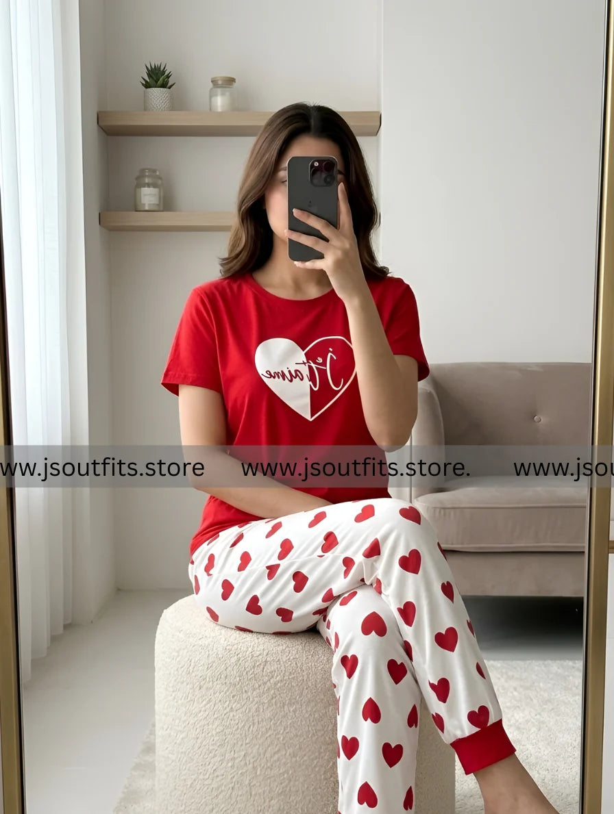 Red Heart Printed Night Suit