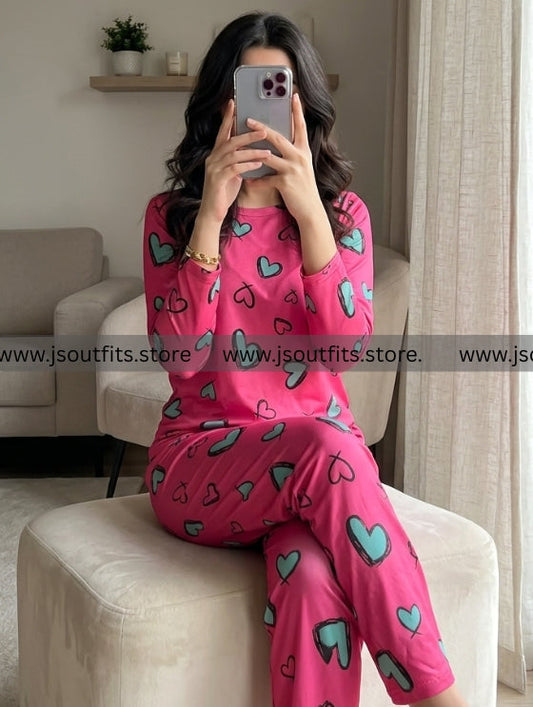 Heart Pattern Printed Night Suit