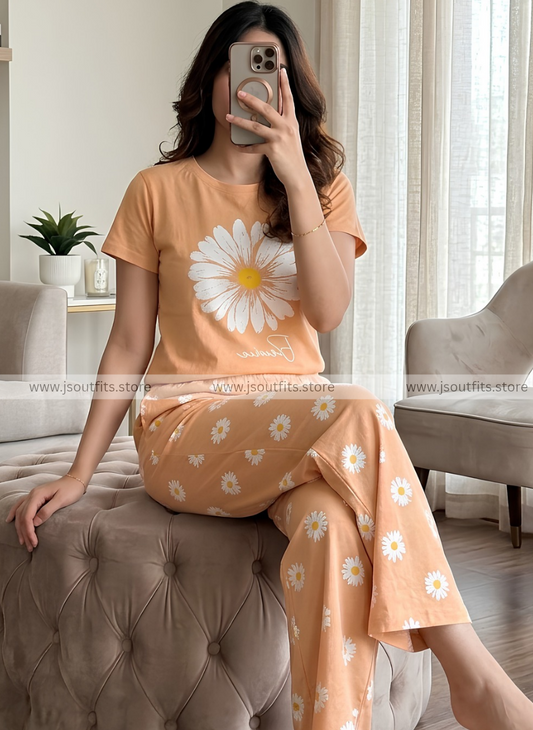 Orange Floral Print Night Suit