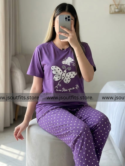 Purple Butterfly Printed  Night Suit
